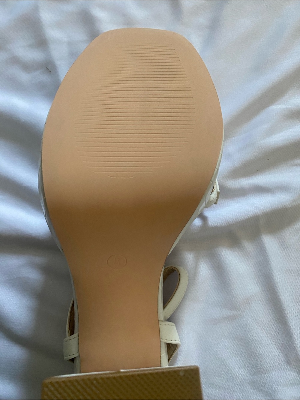 White Croc-Embossed Block Heel Sandals with Ankle Strap - Picture 4 of 4